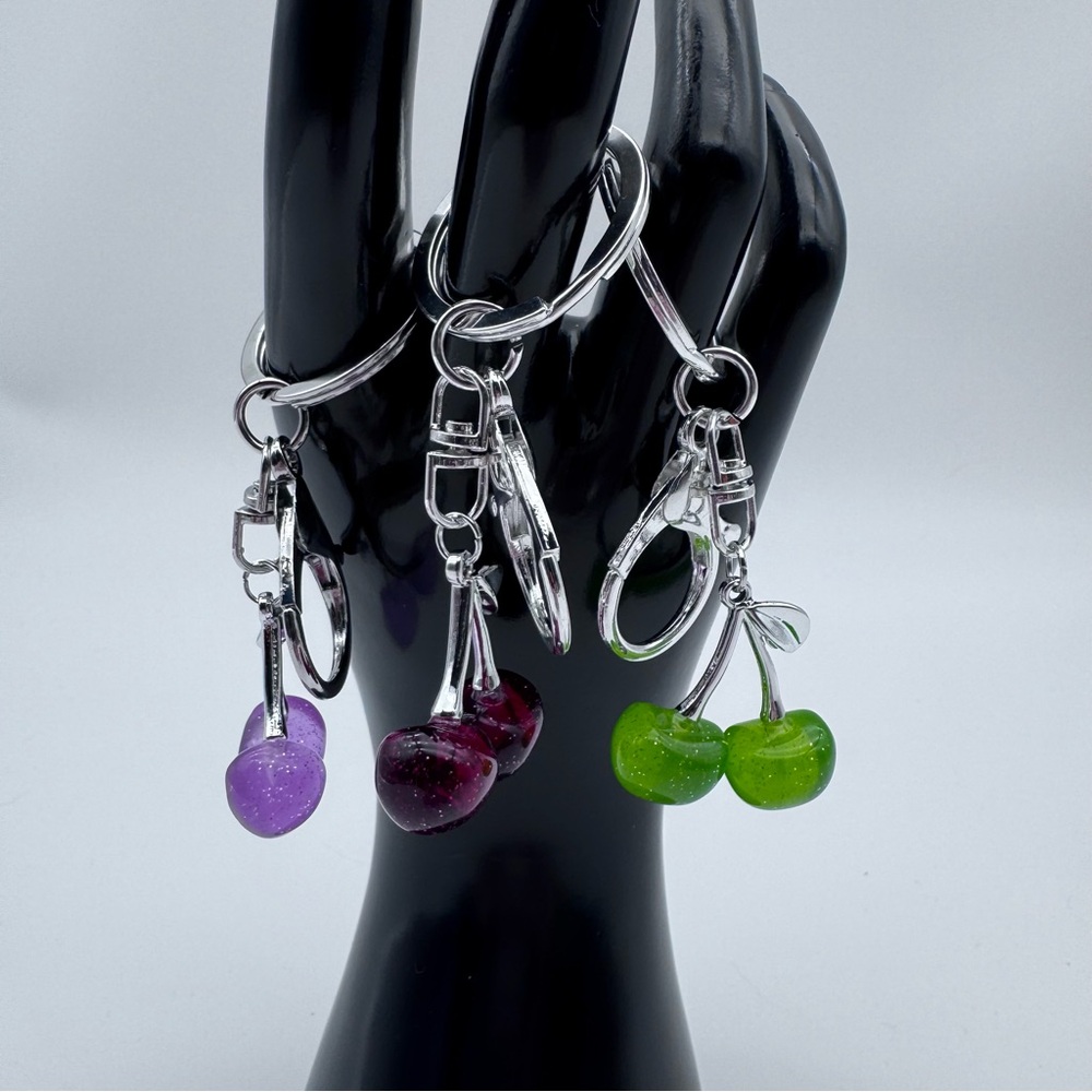 Handmade Cherry Silver Keychains Purple, Red or Green Choose Color